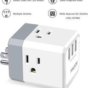 3-Outlet USB Wall Charger and Extender with 3-Way Splitter, ETL Listed – for Home, Office, Cruise Ship