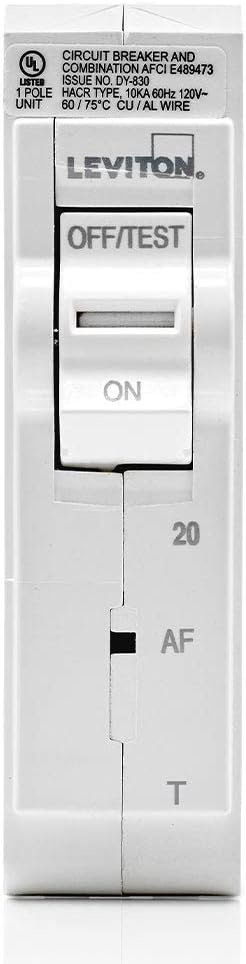 Leviton LB120-AFT 20A 1-Pole Plug-On AFCI Branch Circuit Breaker, Thermal Magnetic, 120V, White