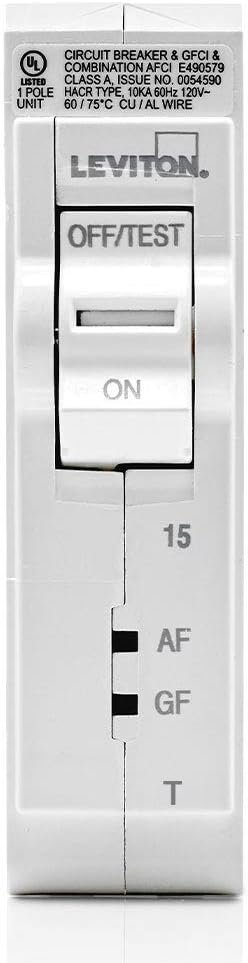 Leviton LB115-DFT 15A 1-Pole Plug-On AFCI/GFCI Branch Circuit Breaker, Thermal Magnetic, 120 VAC, White