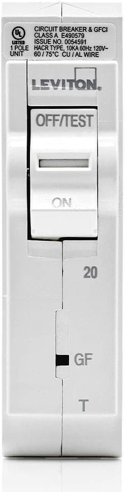Leviton LB120-GFT 20A 1-Pole Plug-On GFCI Branch Circuit Breaker, Thermal Magnetic, 120 VAC, White