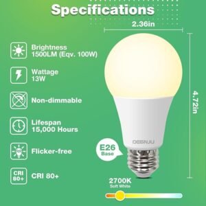A19 LED Light Bulbs 100W Equivalent 2700K Warm White, 1500 Lumens, E26 Base, Non-Dimmable, 13W Bright White for Bedroom Home Office, 6 Pack