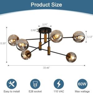6-Light Glass Globe Sputnik Chandelier Modern Matte Black and Gold Ceiling Light Fixture Vintage Hanging Chandeliers for Farmhouse Living Room, Kitchen Dining Room Bedroom
