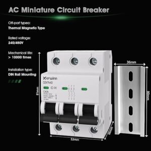 3 Pole Miniature Circuit Breaker,240V/480V AC Circuit Breaker, 32Amp Thermal Magnetic Trip Smart Circuit Breaker AC Disconnect Switch DIN Rail Mount (32A)