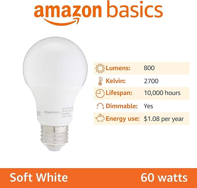 Amazon Basics A19 LED Light Bulbs, 60 Watt Equivalent, Energy Efficient 9W, E26 Standard Base, Soft White 2700K, Dimmable, 10,000 Hour Lifetime , 6-Pack - Image 2