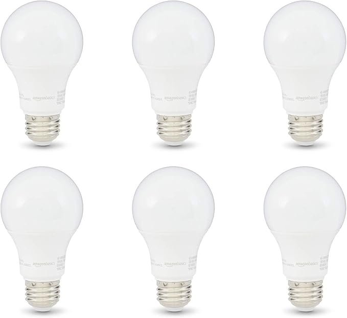 Amazon Basics A19 LED Light Bulbs, 60 Watt Equivalent, Energy Efficient 9W, E26 Standard Base, Soft White 2700K, Dimmable, 10,000 Hour Lifetime , 6-Pack