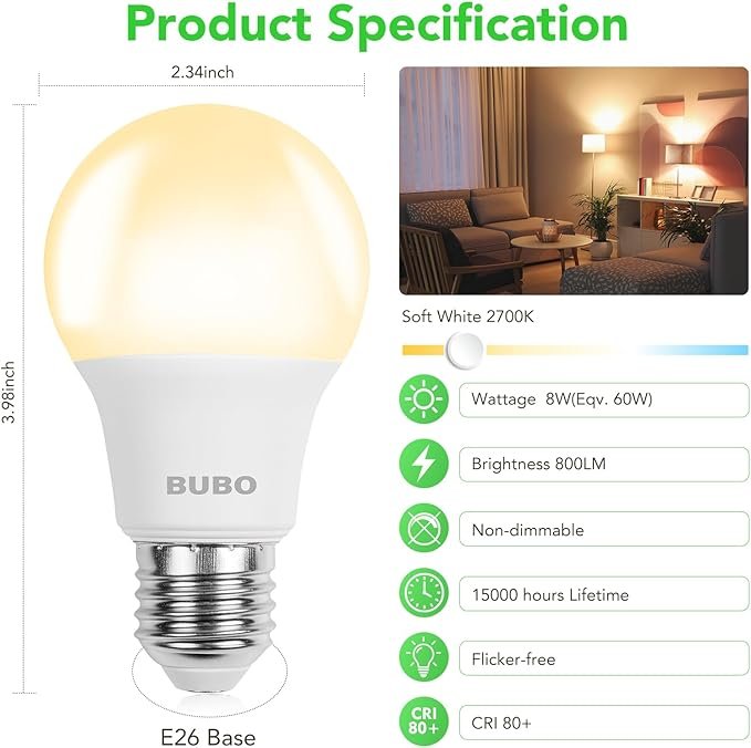 BUBO A19 LED Light Bulbs, 60 Watt Equivalent LED Bulbs, Soft White 2700K, 800 Lumens, E26 Standard Base, Non-Dimmable, 8W Soft White LED Bulbs for Bedroom Living Room Home Office, 24 Pack - Image 2
