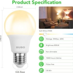 BUBO A19 LED Light Bulbs, 60 Watt Equivalent LED Bulbs, Soft White 2700K, 800 Lumens, E26 Standard Base, Non-Dimmable, 8W Soft White LED Bulbs for Bedroom Living Room Home Office, 24 Pack