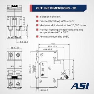 ASI AC Miniature Circuit Breaker – 2 Pole DIN Rail Mount 20 Amp 480 Volt Unit with Shock-Proof Terminations, Trip Curve C, L1, L2 and Neutral Single-Phase Circuits