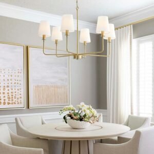 6-Light Farmhouse Chandelier with Brushed Gold Finish & Linen Shades, E12 Base Rustic Ceiling Light Fixture for Kitchen Island, Dining Room, Entryway, Industrial Farmhouse Lighting