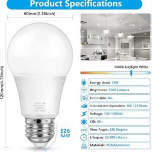 MAXvolador A19 LED Light Bulbs, 100 Watt Equivalent LED Bulbs, Daylight White 5000K, 1500LM, E26 Base, Non-Dimmable, 13W Bright LED Bulbs, 4-Pack