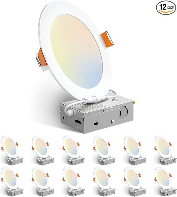 Amico 12 Pack 6 Inch 5CCT Ultra-Thin LED Recessed Ceiling Light with Junction Box, 1050LM Brightness, Dimmable Canless Wafer Downlight, 12W, ETL&FCC