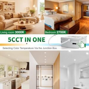 zouzai 12 Pack 6 Inch 5CCT Ultra-Thin LED Recessed Ceiling Light with Junction Box, 2700K/3000K/3500K/4000K/5000K Selectable, 12W Eqv 110W,Dimmable, led can Lights- ETL and Energy Star Certified