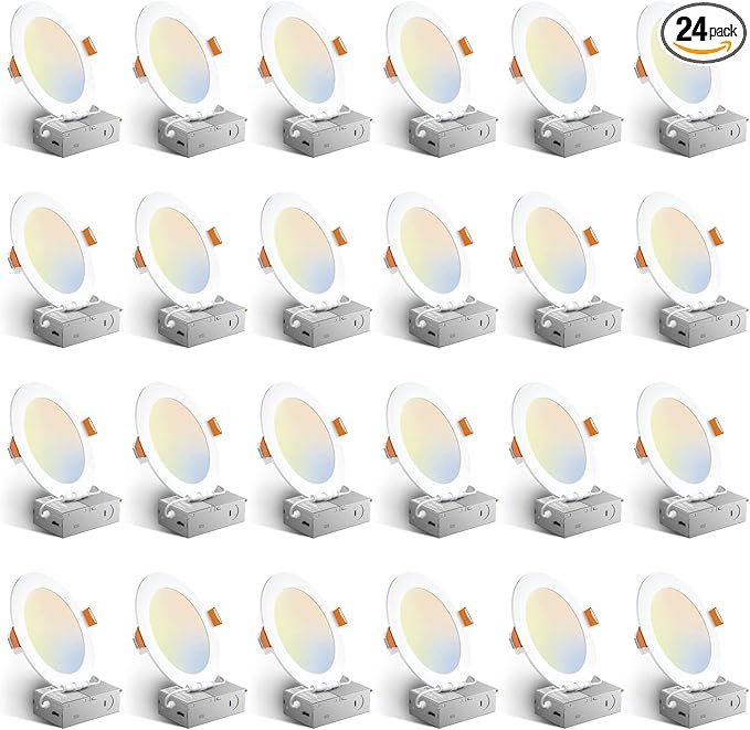 Amico 24 Pack 6 Inch 5CCT Ultra-Thin LED Recessed Ceiling Light with Junction Box, 1050LM Brightness, Dimmable Canless Wafer Downlight, 12W, ETL&FCC