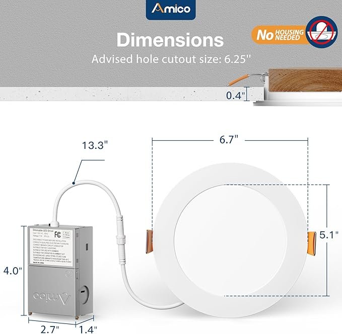 Amico 12 Pack 6 Inch 5CCT Ultra-Thin LED Recessed Ceiling Light with Junction Box, 1050LM Brightness, Dimmable Canless Wafer Downlight, 12W, ETL&FCC - Image 6